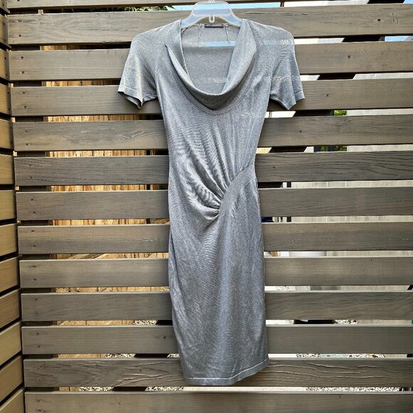 Alexander McQueen Gray Silver Midi Short Sleeve Cowl Neck Dress, XXS 2XS - Picture 1 of 7